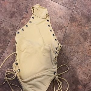 Women’s yellow tie up side halter bodysuit